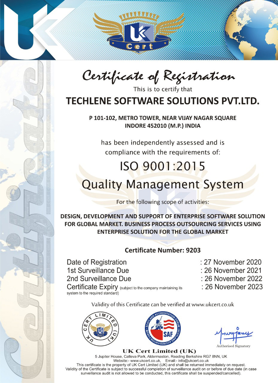 Techlene ISO 9001:2015 Certificate